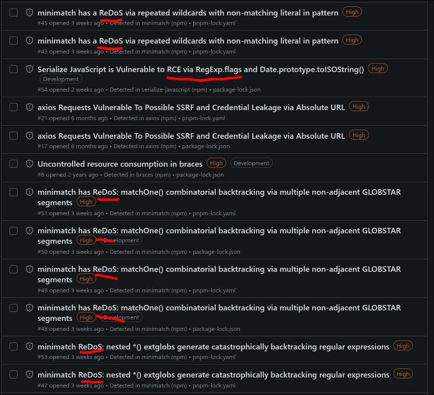 github security alerts showing a wall of minimatch ReDoS vulnerabilities