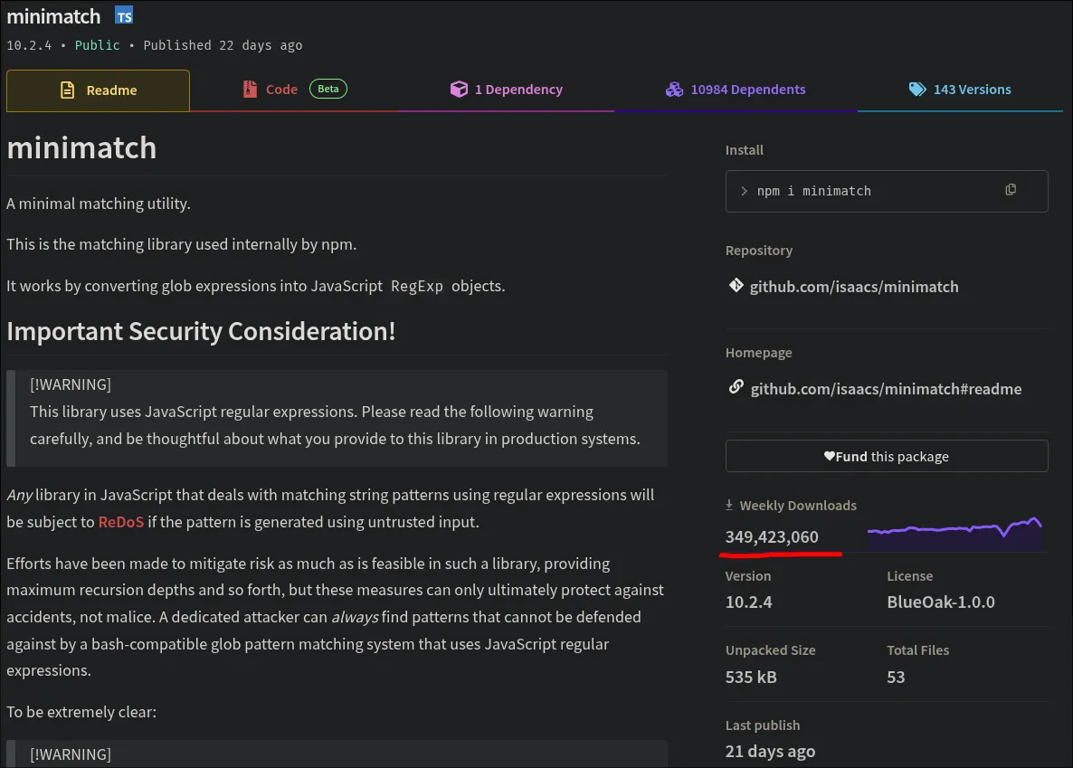 minimatch on npm - 349 million weekly downloads with a ReDoS security warning